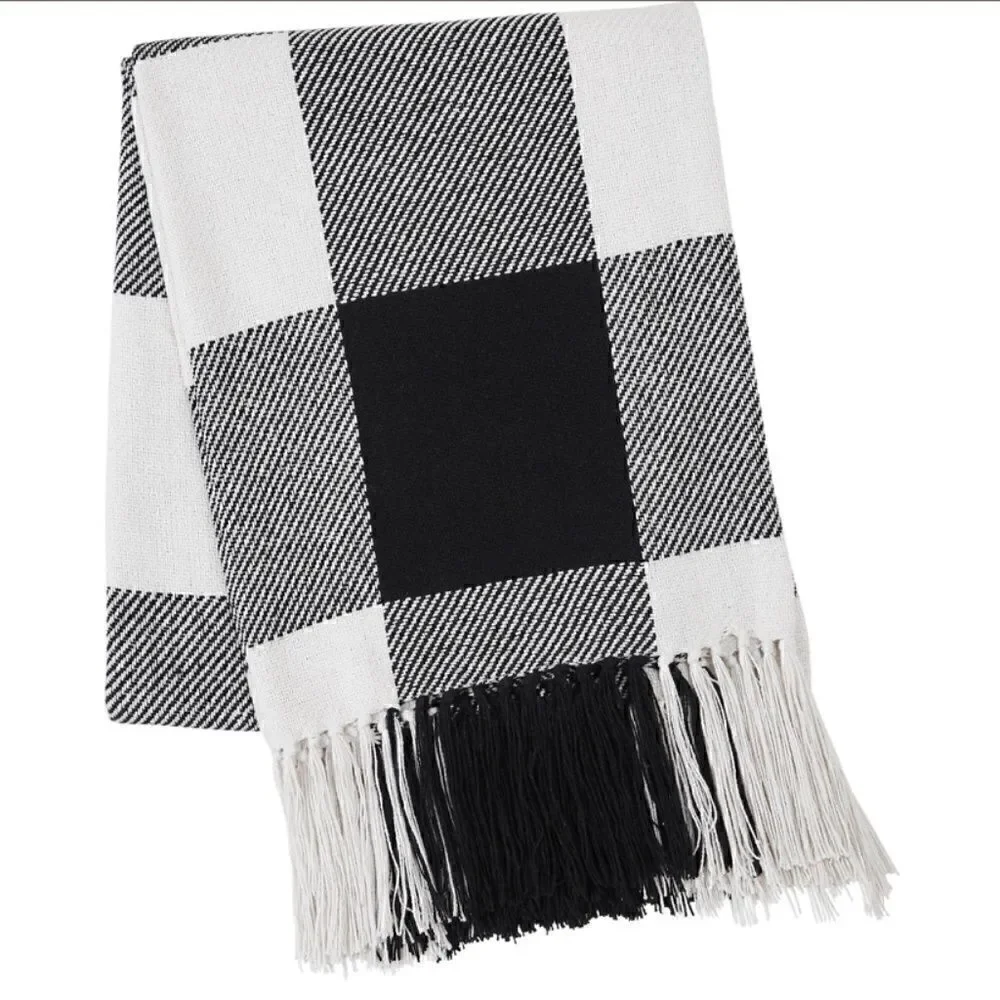NEW! Black White Buffalo Plaid 100% Cotton Throw Blanket Fringed Cozy Warm